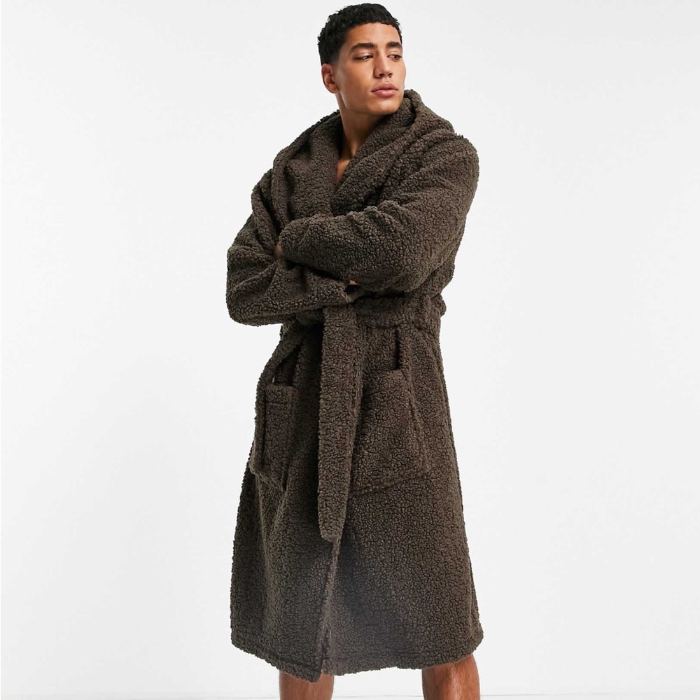 ASOS Borg Hooded Robe Tawny - Picture 3 of 7